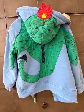 Mini Boden light blue Sherpa lines Jacket with dragon hood/design 5-6yr